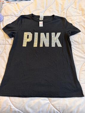 PINK Victoria's Secret Black Short-Sleeve Tee with Crystal Lettering